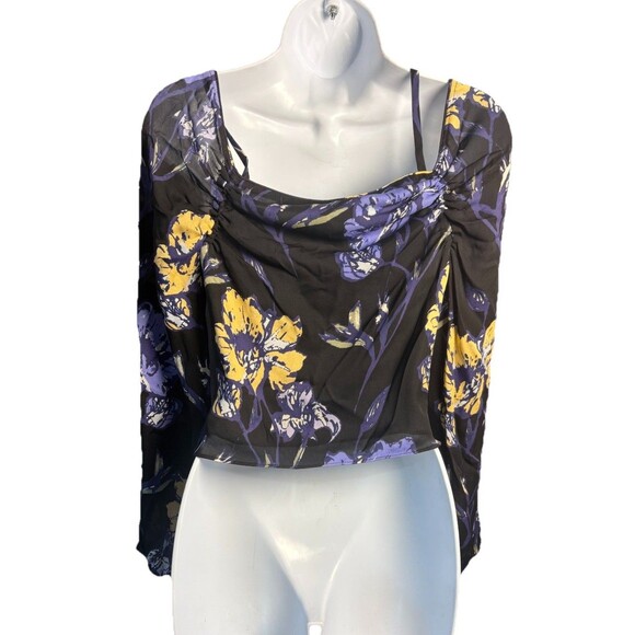 Ramy Brook Cori Floral Print Cold Shoulder Silk Top Women’s Small Black Purple - Picture 3 of 10